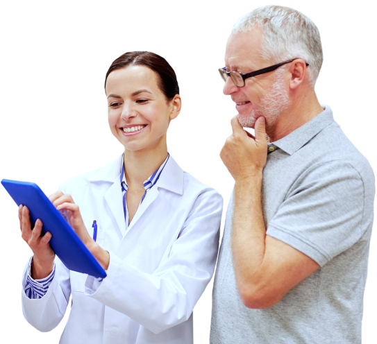 happy pharmacist with tablet pc computer and senior men